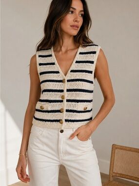 Zara Cream Navy Striped Knit Sweater Vest Gold Button Coastal Chic Small